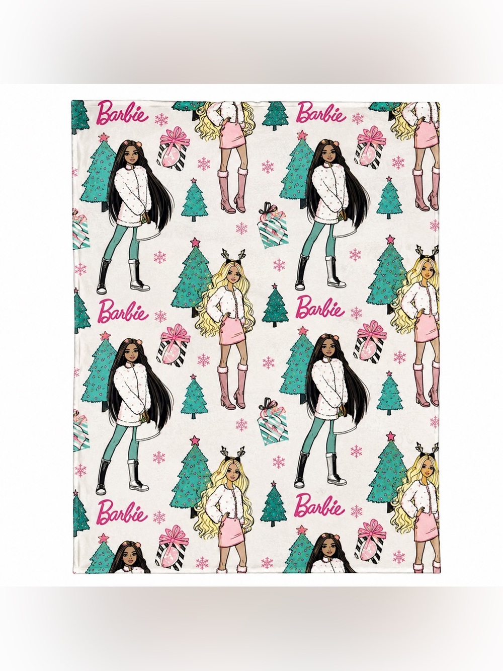 Barbie Patterned Plush Throw Blanket - Pink, Teal & White